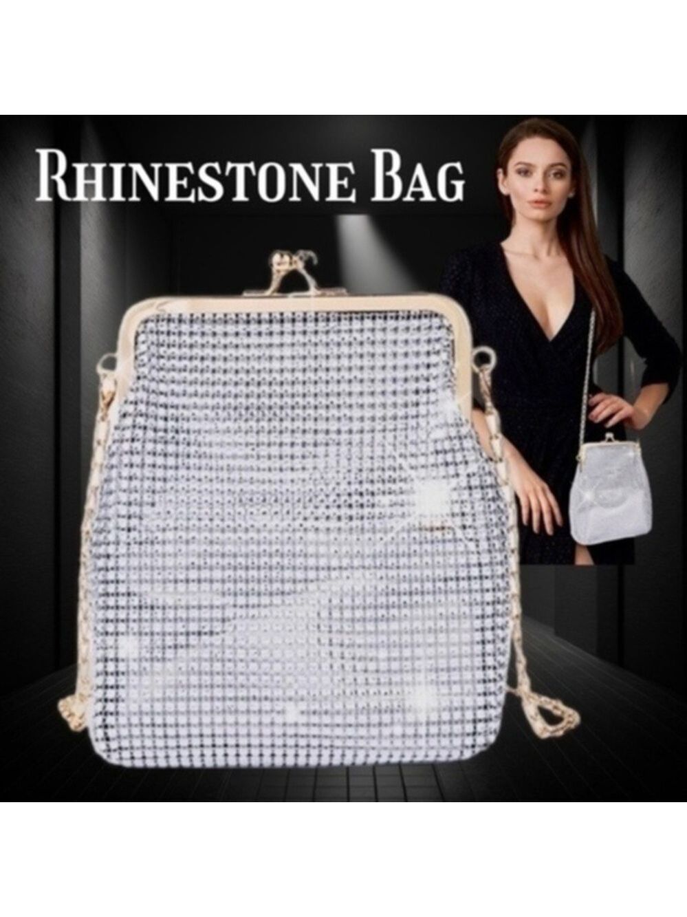 NWT Silver Rhinestone Covered Mesh Clutch/Shoulder Bag w/Gold HW & Pouch Insert